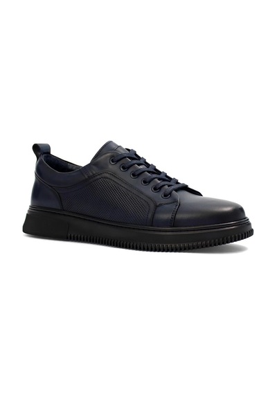 Erkek Lacivert Bağcıklı Baskılı Deri Sneaker