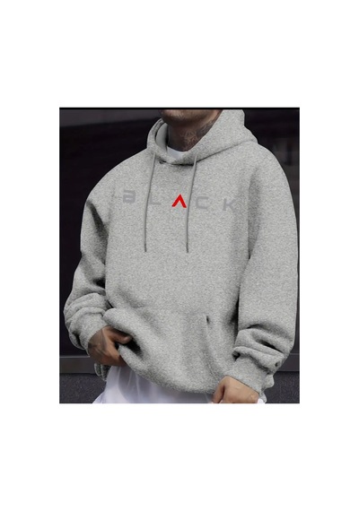 Herkesemoda Black Yazı Detaylı İçi Polarlı Kapüşonlu Sweatshirt Gri