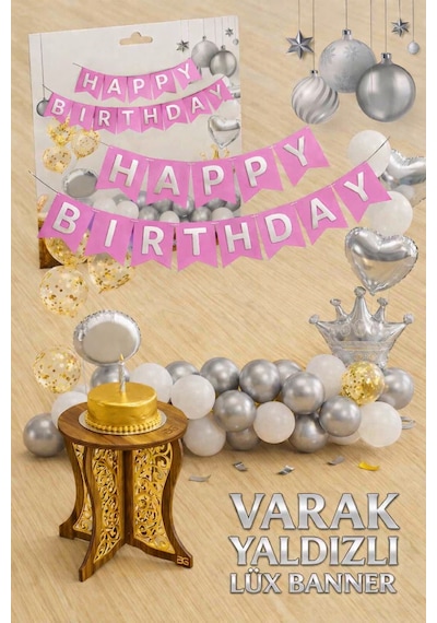 Gümüş Varak Yaldızlı Lüks Happy Birthday Banner - Pembe Tüm Yaşlar