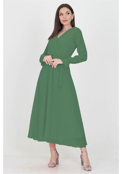 Neşeli Butik Kadın Kruvaze Yaka Zümrüt Yeşili Uzun Şifon Elbise Kts003 Yeşil