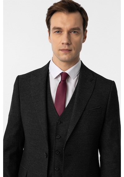 Süvari Siyah Slim Fit Desenli Sivri Yaka 6 Drop Yelekli Klasik Takım Elbise Siyah