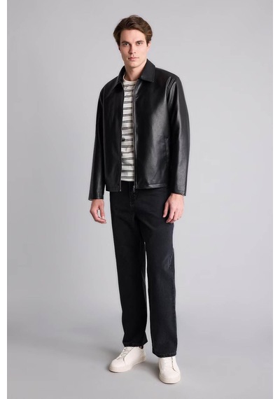 Defacto Regular Fit Mevsimlik Suni Siyah Erkek Deri Ceket E8888ax/bk27