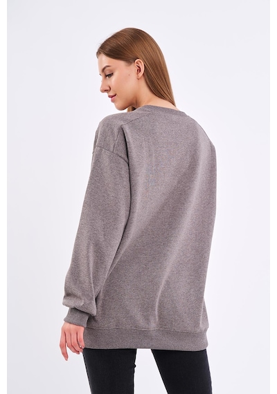 Mmetalic Kahve Kadın Pamuklu Oversize Basic Bisiklet Yaka Sweatshirt 001