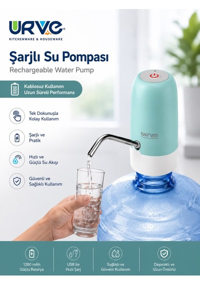 Şarjlı Damacana Su Pompası Usb Şarjlı Otomatik Su Sebili Pompası Çok Renkli