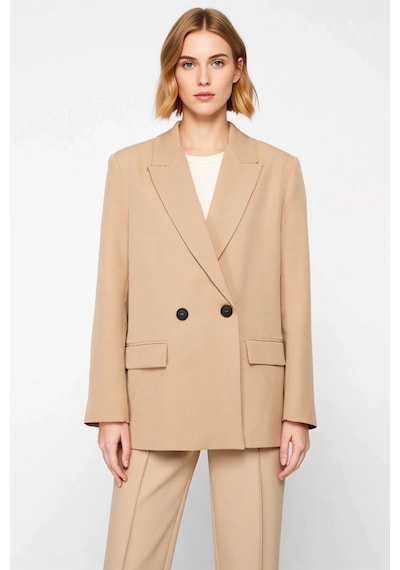 Benerly Kadın Kruvaze Yaka Düz Desen Dokuma Kalıp Blazer Ceket Fonksiyone Camel