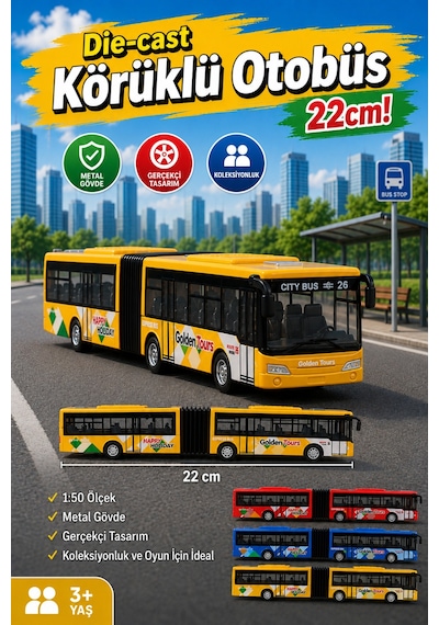 Metal Gövdeli Körüklü Otobüs 1:50 Ölçek Diecast Oyuncak Araç 22 Cm Çok Renkli