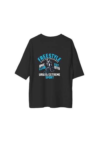Paybuy Kadın Oversize Tişört %100 Pamuk Freestyle Bmx Klübü Est Baskılı Siyah