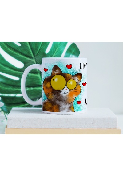 Komik Kedi Figürlü Kupa Bardak Eğlenceli Ve Sevimli Kedi Tasarım - Life Is Short Hug Your Meow Y Beyaz