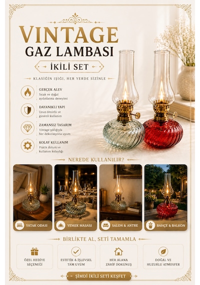 Vintage Gaz Lambası İkili Set Dekoratif Nostaljik Cam Gaz Lambası Kırmızı & Şeffaf