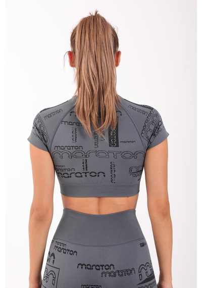 Maraton Active Slimfit Kadın Bisiklet Yaka Kısa Kol Koşu Antrasit Crop Top 811037 Antrasit