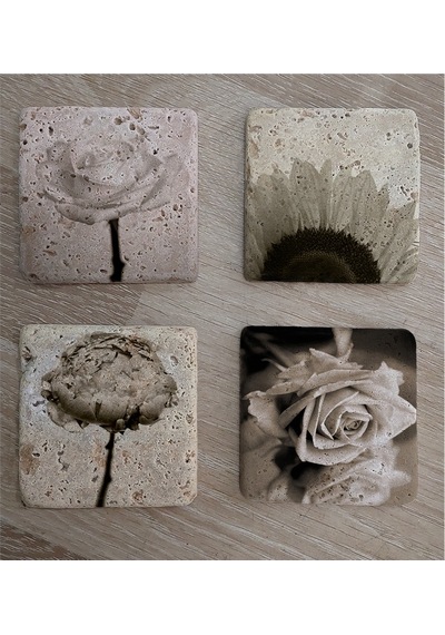 Siyah Beyaz Çiçekler Doğal Taş Bardak Altlığı 4'lü Set - Natural Stone Coasters - Taş Beyaz - Siyah