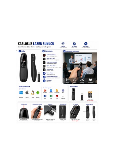 Kablosuz Lazer Sunum Kumandası 30m Powerpoint Presenter Usb Lazer Pointer 200m