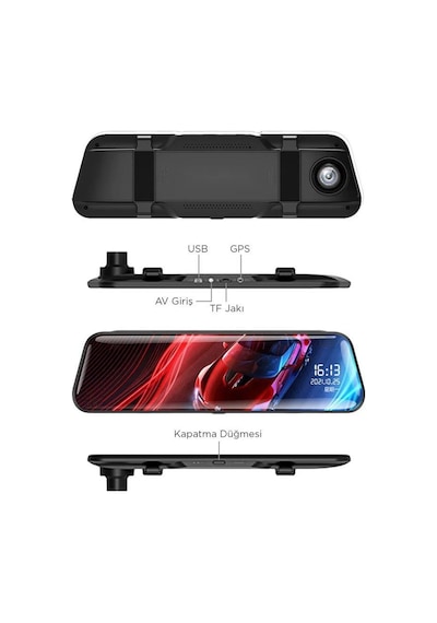 Torima Ta-06 Siyah 1080p Araç İçi Lcd 9.6 İnç Dokunmatik Ekranlı Dikiz Aynası Gece Görüşlü Ön Ve Arka Araç Kamerası