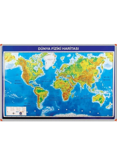 70X100CM Alüminyum Çerçeve Dünya Fiziki Haritası