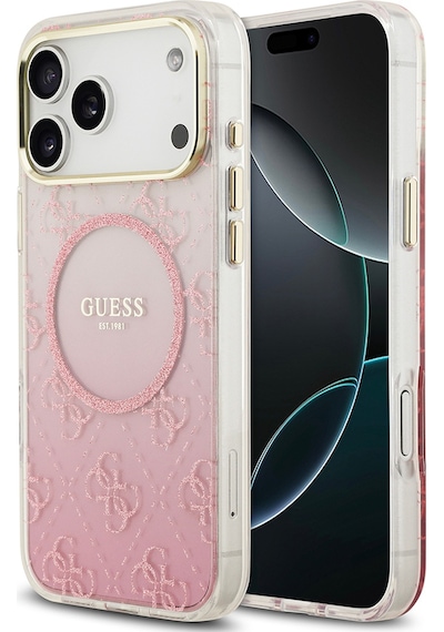 Apple Uyumlu iPhone 17 Pro Max Kılıf Guess Lisanslı M-safe Özellikli 4g Desenli Simli Silikon Kapak Pembe Pembe