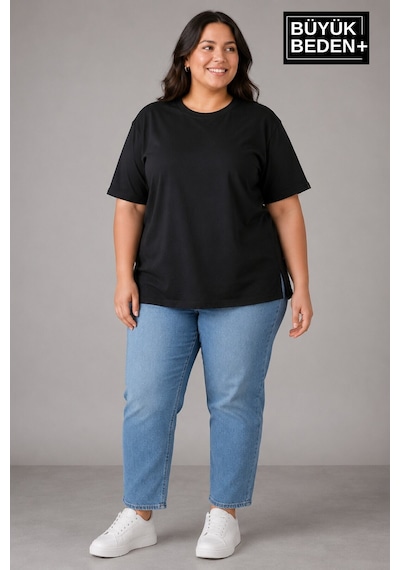 Superlife Büyük Beden Kadın Bisiklet Yaka Yırtmaç Detaylı 3xl-6xl Tunik Tişört Spr26btsk501 Siyah