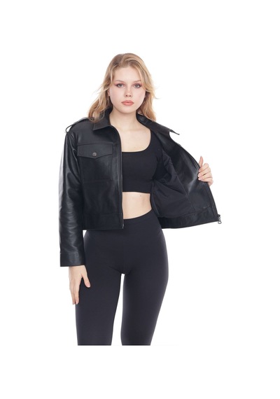M M Marki Marki Kadın Hakiki Deri Ceket, Gömlek Yaka, Fit Kesim, Crop Model, 1. Sınıf Kalite - 109822 Siyah