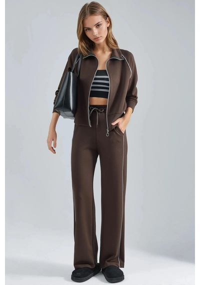 Fiolin Modal Dokulu Fermuarlı Sweatshirt & Pantolon İkili Takım Kahve Rengi