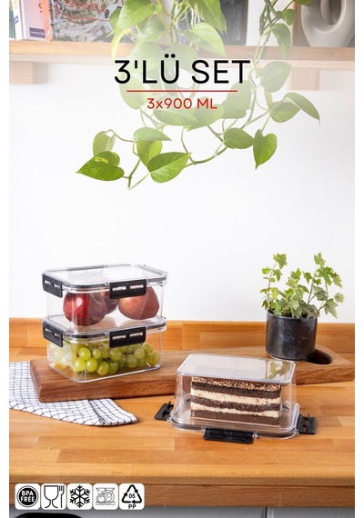 Nandy Home Kilit Kapaklı Dikdörtgen Clear Saklama Kabı Seti 3'lü - 900 ML Beyaz