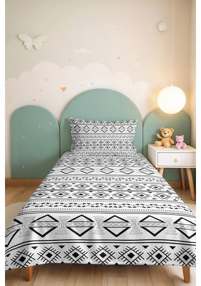 Siyah Geometrik Genç Odası Tek Kişilik Pike Takımı - Modern Etnik 160x220 Cm Kapitone Yatak Örtüsü Mumlu Adaçayı Uyumu