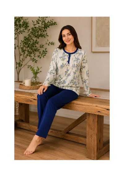 Tenra Rahat Kalıp Çiçek Desenli Kadın Pijama Takımı %100 Pamuk Lacivert