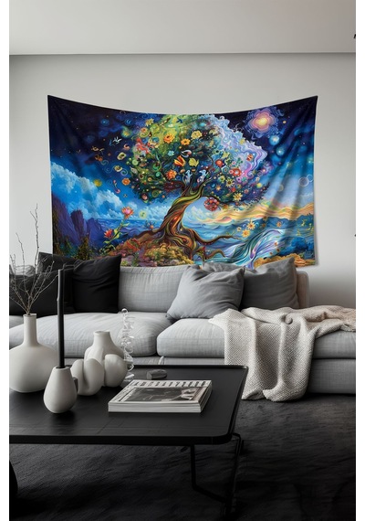 Kozmik Yaşam Ağacı Desenli Duvar Halısı Duvar Örtüsü Tapestry Süet Dokulu Kumaş
