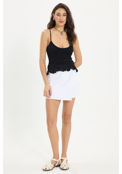 Tudors Kadın Slim Fit Dar Kesim %100 Pamuk Askılı Büzgülü V Yaka Siyah Bluz-50370