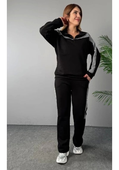 Defymoda Kadın Fermuar Ve Ekose Detay Sweatshirt Ve Pantolon Üç Iplik Kumaş Ikili Takım Siyah Defymoda Kadın Fermuar Ve Ekose Detay Sweatshirt Ve Pantolon Üç Iplik Kumaş Ikili Takım Siyah