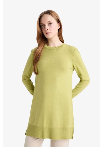 Defacto Regular Fit Bisiklet Yaka Yırtmaçlı Basic Düz Triko Kazak Tunik H3431az25wngn743 Yeşil