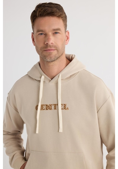 Tudors Erkek Oversize Geniş Kesim Pamuklu Baskılı Bej Kapüşonlu Sweatshirt-37296 Bej