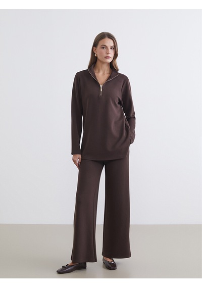 Lcw Everyday Kahverengi Dik Yaka Çizgili Oversize Kadın Tişört