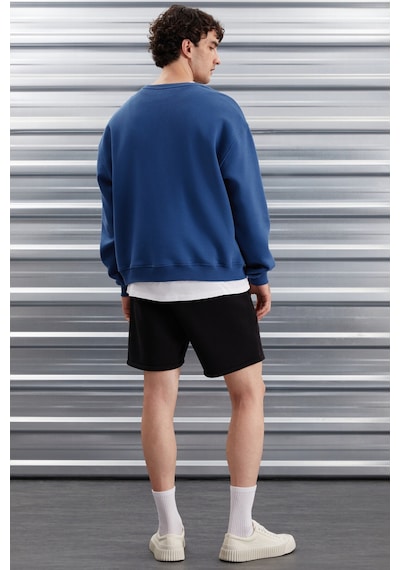 Grimelange Ernest Erkek Yumuşacık Kumaşlı Oversize Fit Yuvarlak Yakalı Baskılı Mavi Sweatshirt