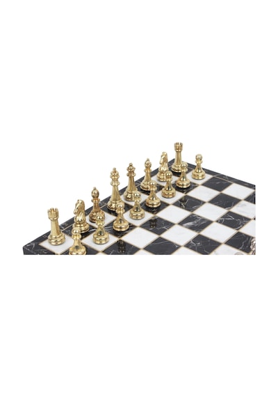Lüks Metal Satranç Takımı Krom Kaplama Klasik Gold Temalı Figür Siyah Mermer Desenli Tahta 20 Cm.