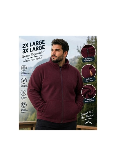 Givoria Büyük Beden Fermuarlı Polar Hırka Yumuşak Polar Ceket Bordo Bordo