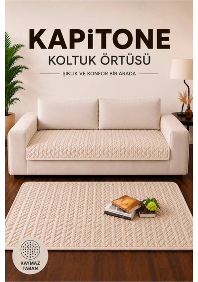 Tek Parça Kaymaz Taban Kapitone Koltuk Örtüsü Çekyat Kanepe Örtüsü 90x200 Krem Krem