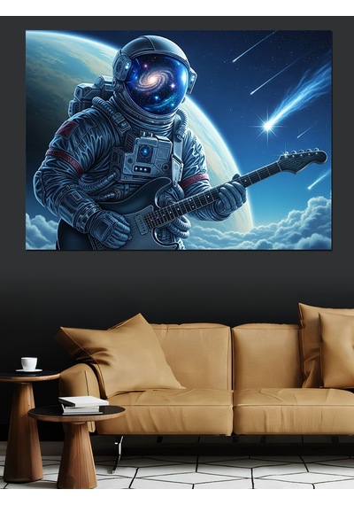 Ahşap Tablo Gitar Çalan Uzayda Bir Astronot Hayvan Tabloları