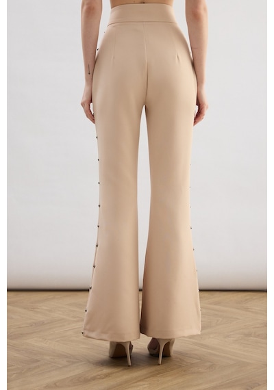 Sateen Yanları İnci Aksesuarlı Pantolon - Bej-136824 Bej