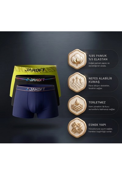 Jakoft Classic Pamuklu Erkek Boxer 3'lü Paket Siyah - Sarı - Lacivert