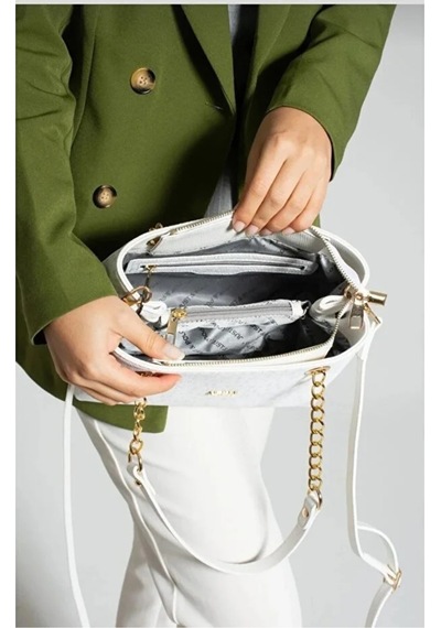Just Polo Orijinal Kadın 3 Bölmeli Zincir Detaylı Ayarlanabilir Askılı Lüks El & Omuz Çantası Shoulder Bag Beyaz