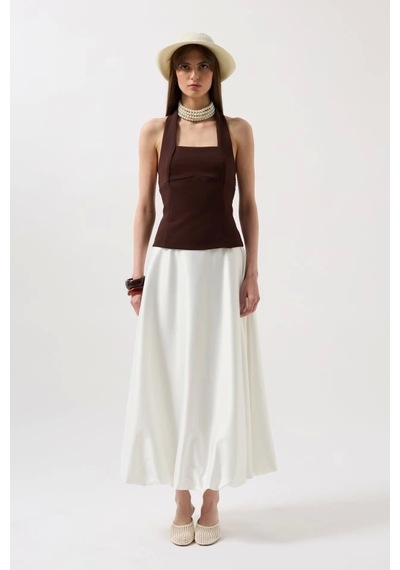 Defymoda Kalın Askılı Crop Bluz Kahverengi
