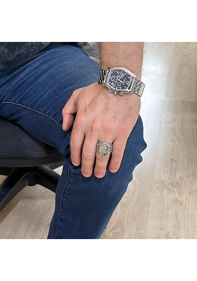 Gerçek Doğal Prehnit Jade Taş Yüzük, Şifa 925k Katı Gümüş Erkek Yüzüğü, Tasarım Gümüş Erkek Yüzüğü, Sakinlik Ve İçgörü Tasarımı Gümüş