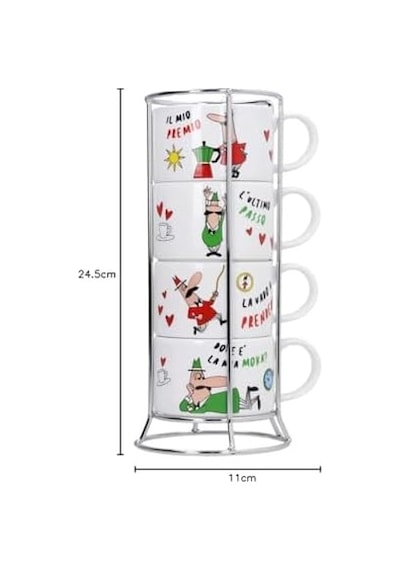 - 4'lü İstiflenebilir Cappuccino Fincan Seti - Karma Renkli - Porselen Acı Kahve