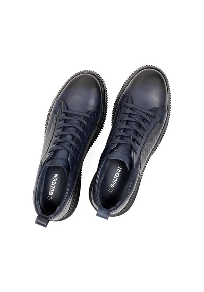 Erkek Lacivert Bağcıklı Baskılı Deri Sneaker