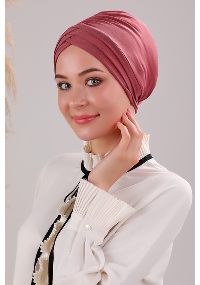 Melodi Scarf Kadın Üç Bantlı Çapraz Hazır Türban Dış Bone Gül Kurusu Gül Kurusu Gülkurusu
