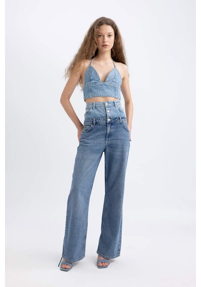 Defacto Afra x DeFacto Boyundan Bağlamalı Crop Jean Bluz C5862AX24SPNM28 Mavi