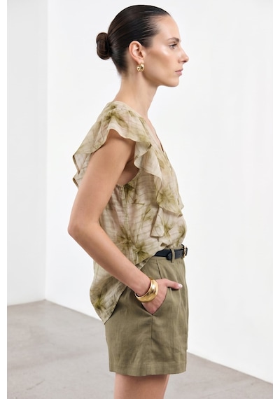 Sateen Fırfır Detaylı Gömlek - Haki-137362