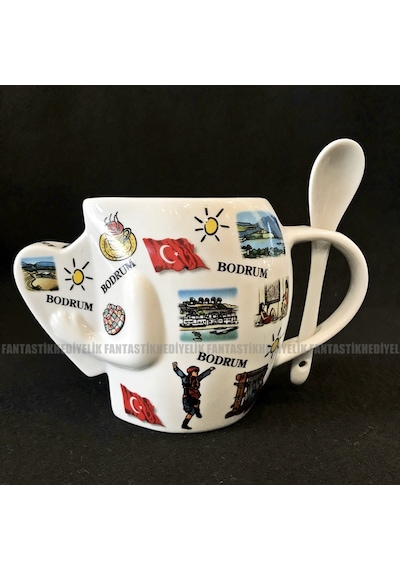 Bodrum Ege Yöresel Desenli Kaşıklı Porselen Kalpli Bardak Kupa