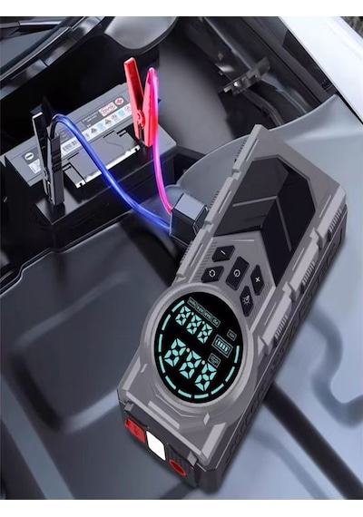 8000mah Dijital Ekranlı Araba Akü Takviye'li Kompresör Araç Lastik Şişirme Hava Pompası - 150psı Siyah
