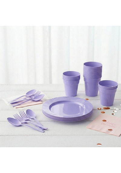 Lila Renkli Plastik Parti Takımı / Parti Seti - Bardak 25 Adet ,çatal 25 Adet ,tabak 6 Adet ,kaşık 25 Adet-