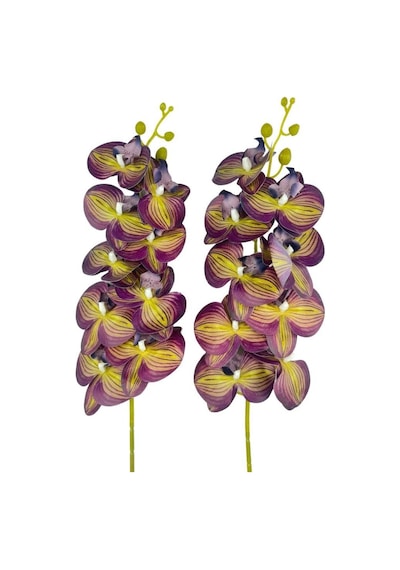 Yapay Çiçek Mor Sarı Çizgi Desenli Islak Orkide Gerçeksi Doku Uzun Dal 90 Cm